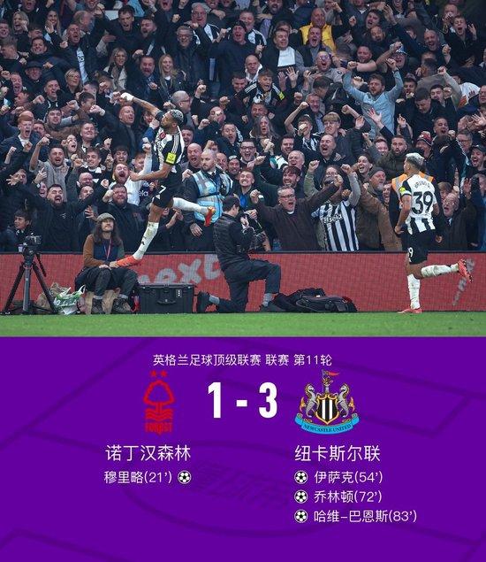 英超:纽卡斯尔3-1逆转诺丁汉森林,伊萨克传射,乔林顿破门