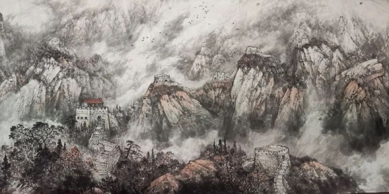 师恩钊老师偕北派山水助教团队创作巨幅《中华雄风》万里长城山水画