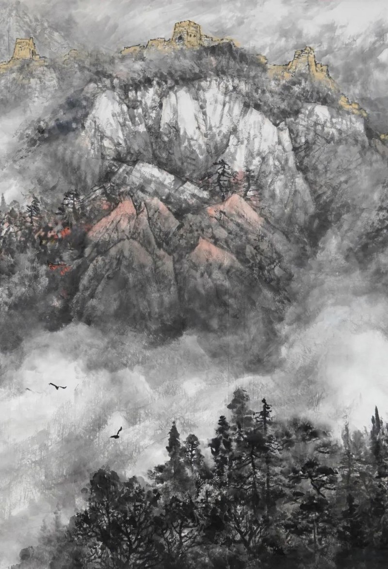 师恩钊老师偕北派山水助教团队创作巨幅《中华雄风》万里长城山水画