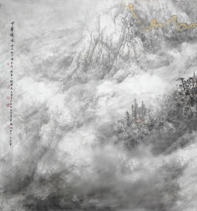 师恩钊老师偕北派山水助教团队创作巨幅《中华雄风》万里长城山水画