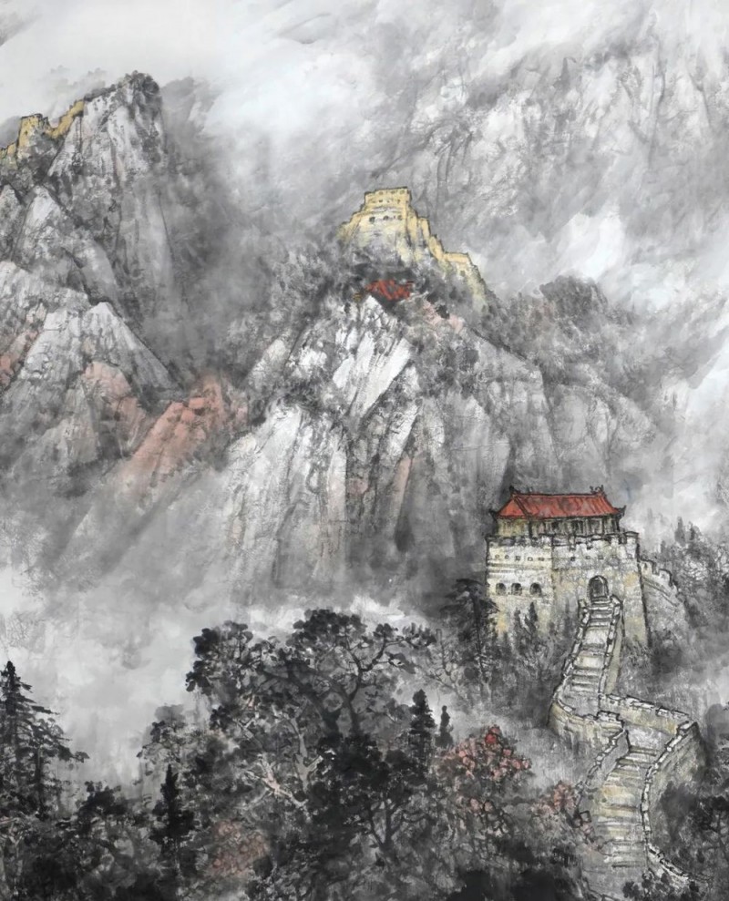 师恩钊老师偕北派山水助教团队创作巨幅《中华雄风》万里长城山水画
