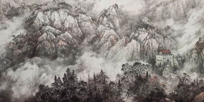 师恩钊老师偕北派山水助教团队创作巨幅《中华雄风》万里长城山水画