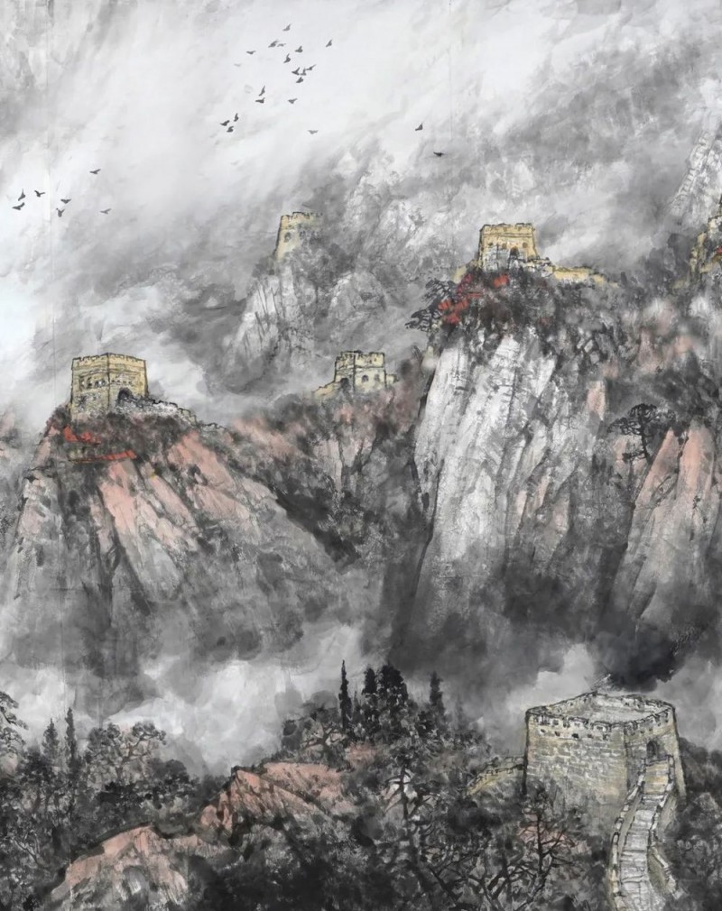 师恩钊老师偕北派山水助教团队创作巨幅《中华雄风》万里长城山水画