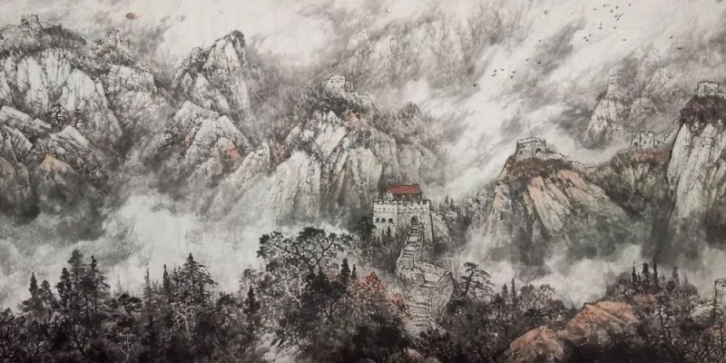 师恩钊老师偕北派山水助教团队创作巨幅《中华雄风》万里长城山水画