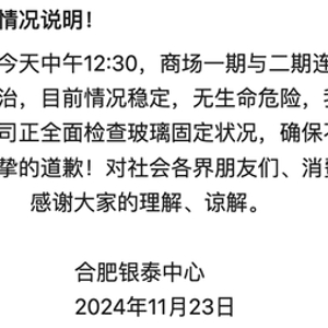 玻璃坠落致1名行人受伤，合肥银泰中心致歉：全面检查玻璃固定状况