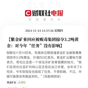 紫金矿业回应被贩毒集团掠夺3.2吨黄金：对今年“任务”没有影响