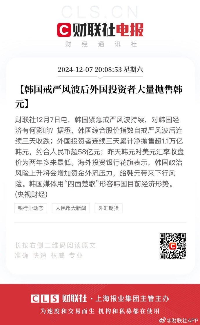 韩国戒严风波后外国投资者大量抛售韩元