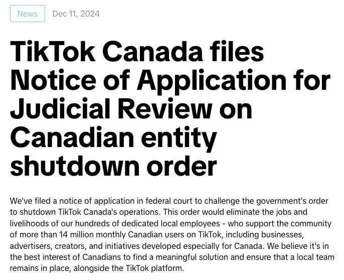 TikTok向加拿大联邦法院提交申请,挑战加政府关闭公司办公室的命令