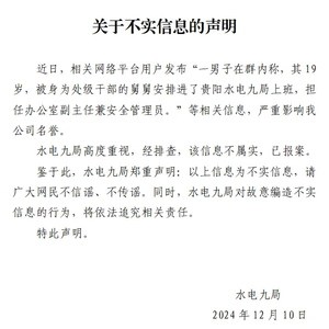 男子称19岁被舅舅安排任办公室副主任，水电九局声明：信息不实，已报案