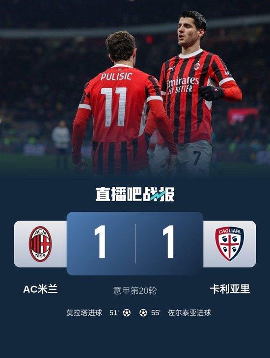5轮仅1胜!米兰1-1卡利亚里 孔塞桑意甲首秀战平亚伯拉罕2失良机