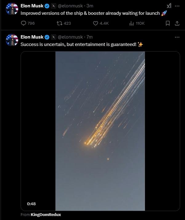 SpaceX“星舰”第七次试飞二级飞船失联,马斯克:成功是不确定的,但娱乐有保证!