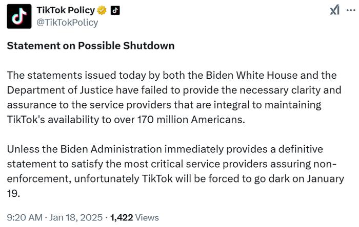 TikTok呼吁美政府“立即明确”不强制执行禁令:否则将于19日被迫“关闭”