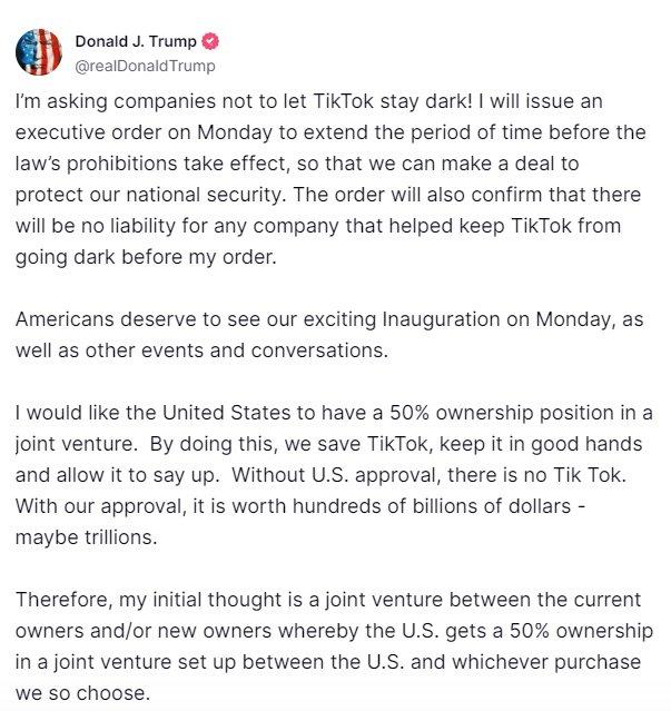 特朗普:将于1月20日签署行政令避免关停TikTok