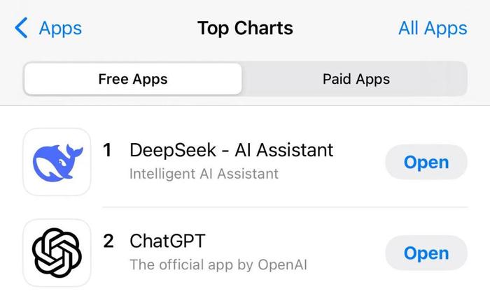 DeepSeek超越ChatGPT,登顶苹果美国区免费APP下载排行榜