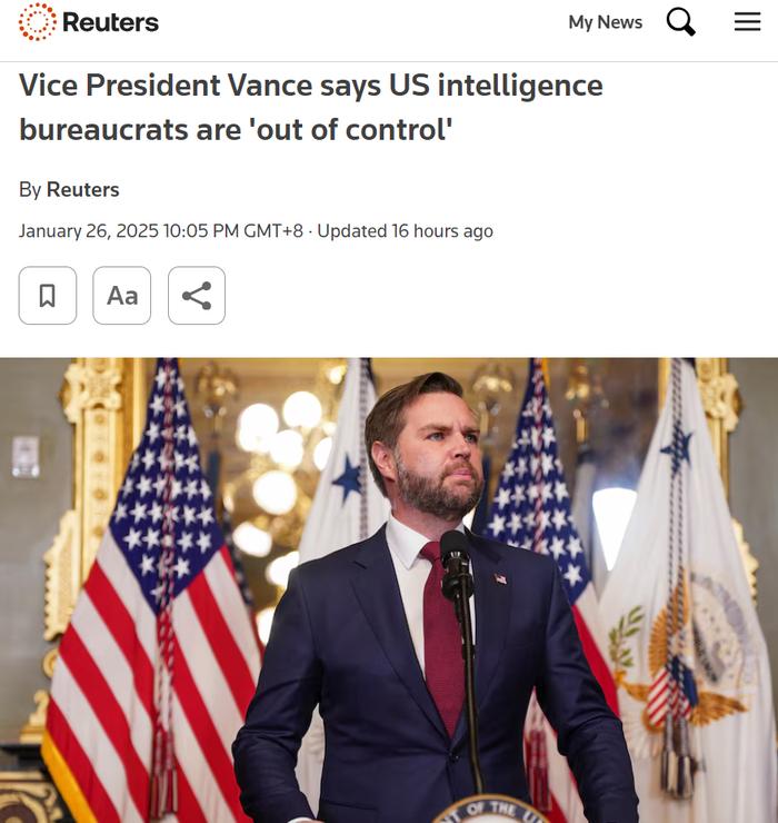 外媒:美国副总统对美国情报体系发出严重警告,“已经完全失控”