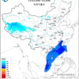 大风蓝色预警：4日20时至5日20时，西藏、青海等地部分地区有5~6级大风