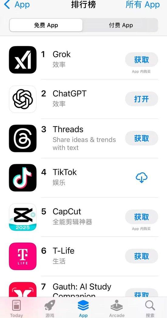 超越ChatGPT！马斯克的Grok升至美区App Store免费下载榜榜首