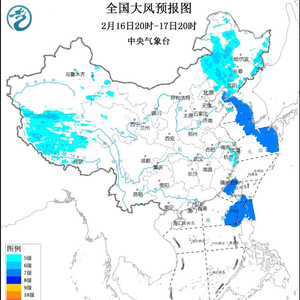大风蓝色预警：内蒙古、山东、浙江等地的部分地区有4~6级大风