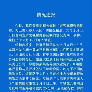 “游客称遭强迫购物，大巴雪天停无人区” 成都官方通报