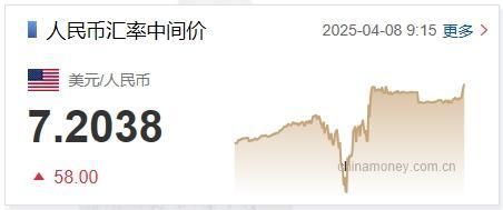 4月8日人民币对美元中间价报7.2038元 下调58个基点