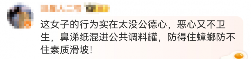 女子将擦鼻涕纸扔进餐馆调料罐引热议！当地回应→
