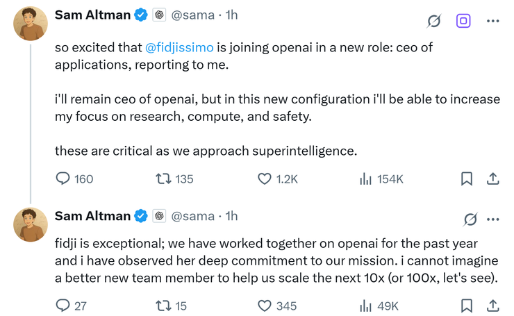 OpenAI 新设“应用 CEO”：原 Meta VP 加入，与奥特曼平级