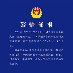 武汉警方：一微型载客汽车撞树侧翻，致3死4伤