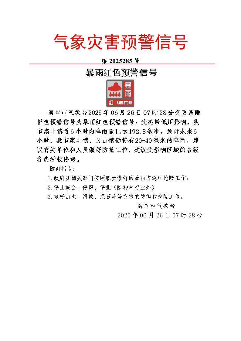 注意防范！海南海口升级发布暴雨红色预警
