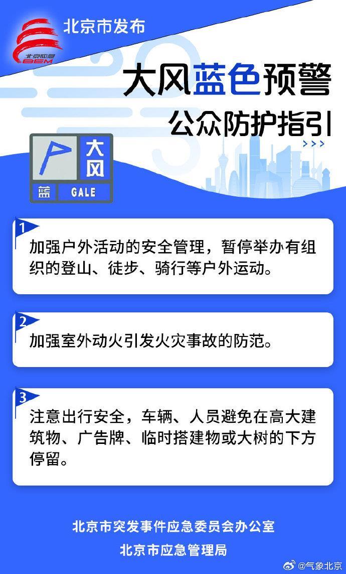 北京发布大风蓝色预警信号  阵风可达7级左右