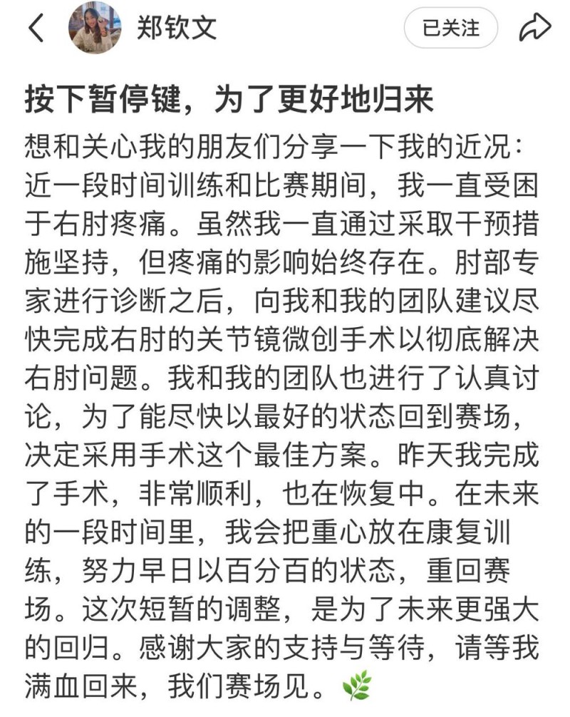 郑钦文顺利完成右肘手术 期待满血归来