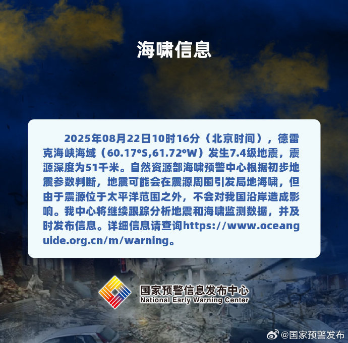 自然资源部海啸预警中心：德雷克海峡海域地震不会对我国沿岸造成影响