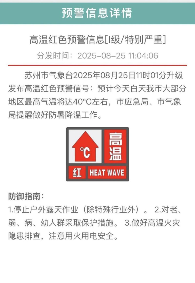高温红色预警发布 苏州多地今日最高气温将达40℃左右