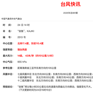 “剑鱼”已加强为强台风级