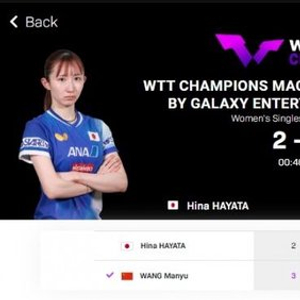 WTT中国澳门冠军赛：王曼昱3-2险胜早田希娜，晋级女单八强