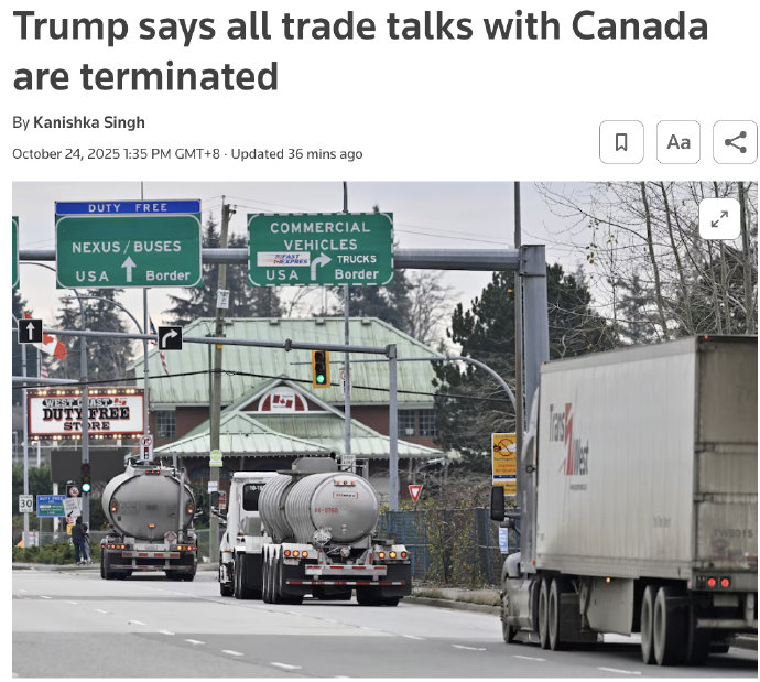 特朗普：美国终止与加拿大的所有贸易谈判