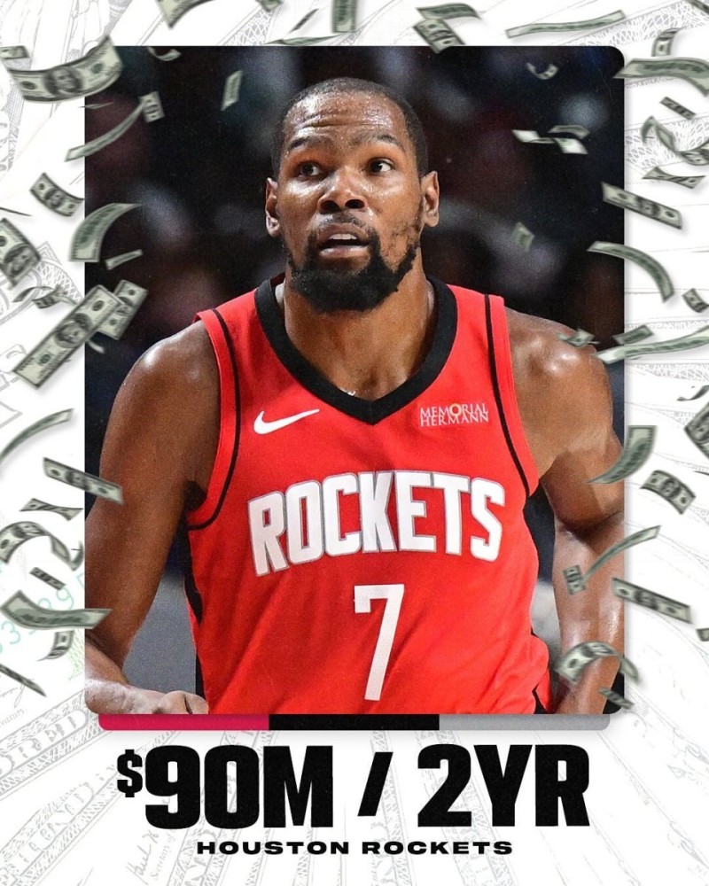 降薪3000万！杜兰特2年9000万续约火箭 超詹姆斯成NBA薪金王