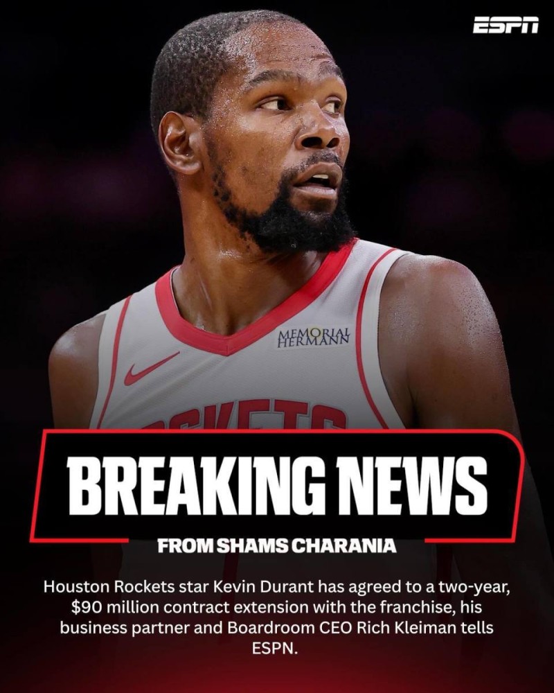 降薪3000万！杜兰特2年9000万续约火箭 超詹姆斯成NBA薪金王