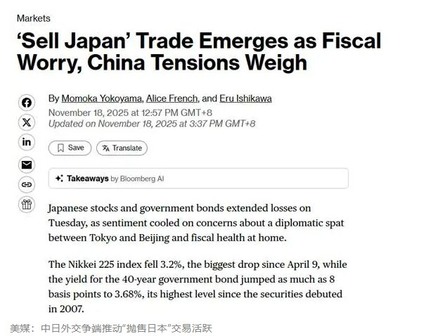 美媒：中日外交争端推动“抛售日本”交易活跃