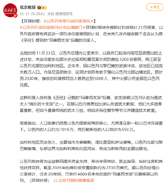 以色列官宣引进印度移民 补充边境缺口