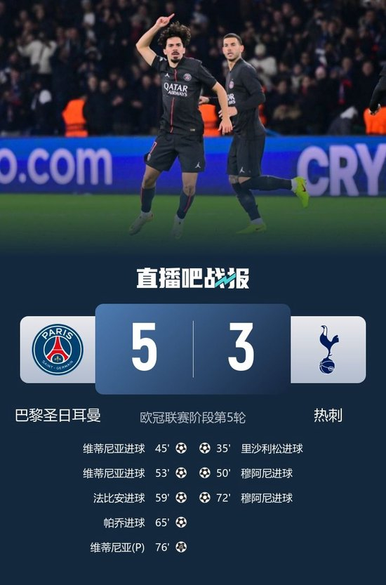 进球大战！巴黎5-3逆转热刺 维蒂尼亚戴帽穆阿尼2射1传