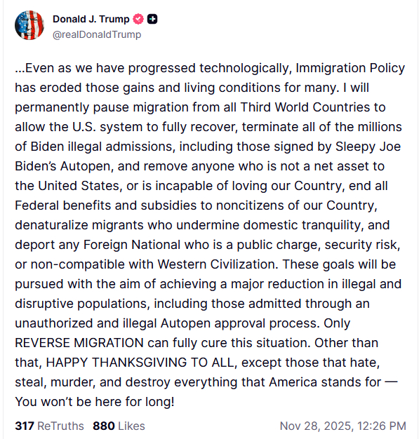 特朗普突然宣布：将永久暂停接受所有“第三世界”国家的移民