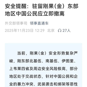 刚果（金）东部安全形势严峻有中国公民遇袭，使馆：袭击发生地属叛军控制区，伤亡数字暂无法确定
