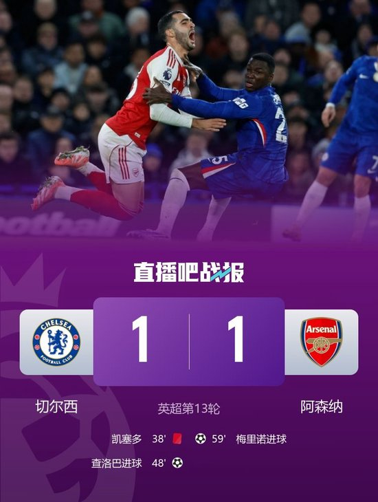 十人切尔西1-1阿森纳 凯塞多直红查洛巴梅里诺破门 枪手5分领跑