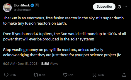 马斯克公开唱衰核聚变 直言建造反应堆“愚蠢至极” 疑似为光伏站台