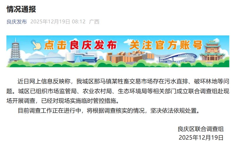广西南宁通报“大型牲畜交易市场粪水直排入江”：已对现场临时管控