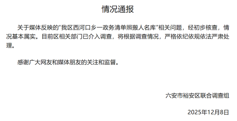 安徽六安通报“一地政务清单照搬人名库”：基本属实