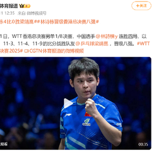 林诗栋4比0横扫梁靖崑 晋级WTT香港总决赛八强